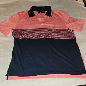 Nautica Men's Coral and Navy Striped Polo Shirt
